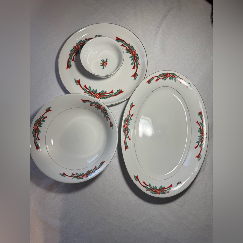 Tienshan Poinsettia Ribbon 4 Piece Serving Set Holiday China